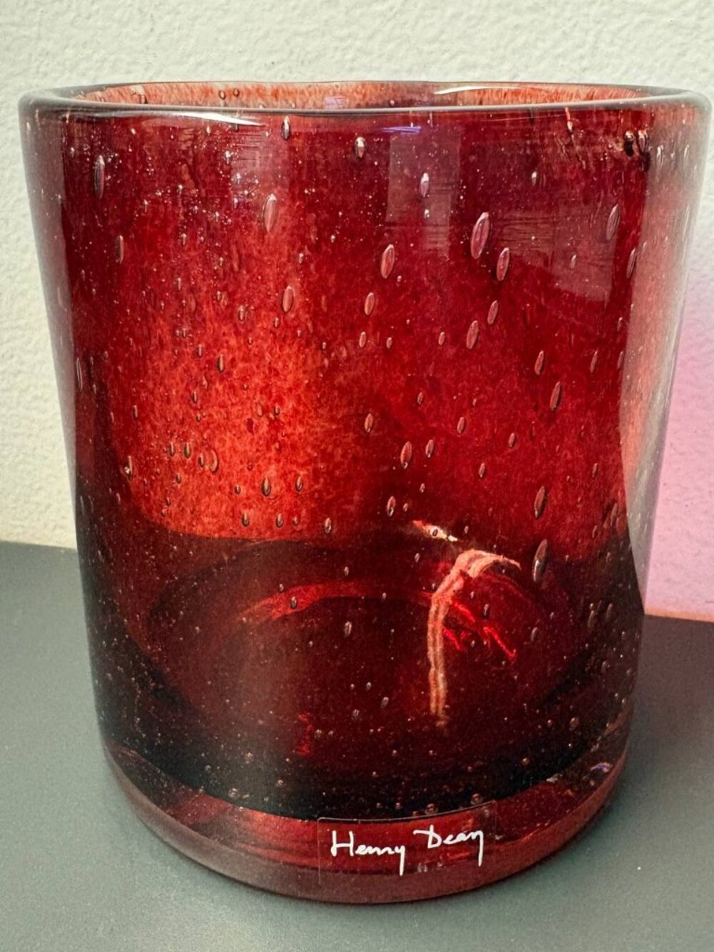 Henry Dean Belgium Red Heavy Mouth Blown Signed Art Glass Candle Holder 4.5”